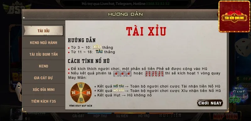 Luật chơi tài xỉu cơ bản trên cổng game b52